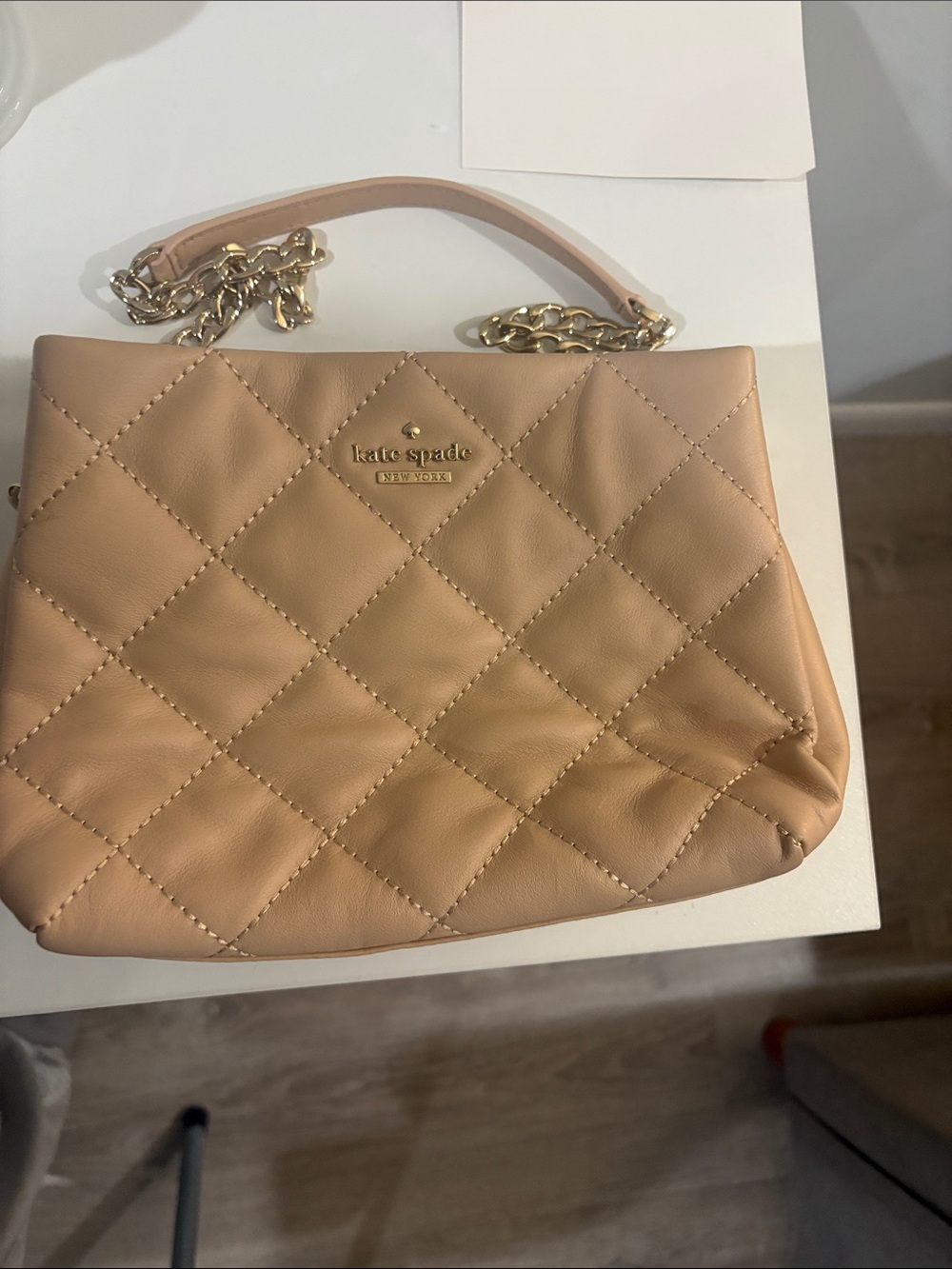 kate spade Quilted Leather Shoulder Bag in Blush Tan with Gold Chain
